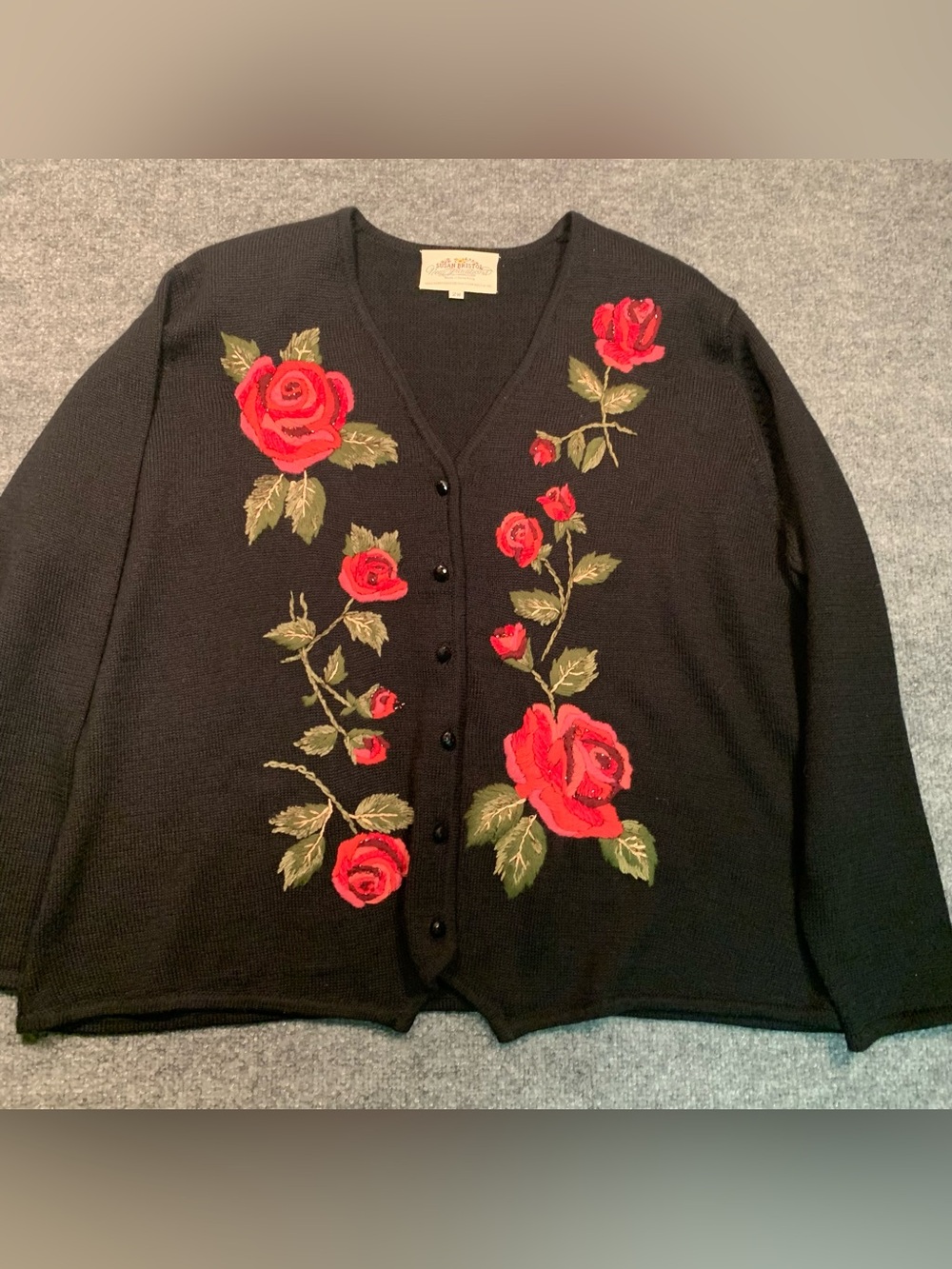 Susan Bristol Black Cardigan with Red Rose Embroidery 2X Grannycore Cottagecore